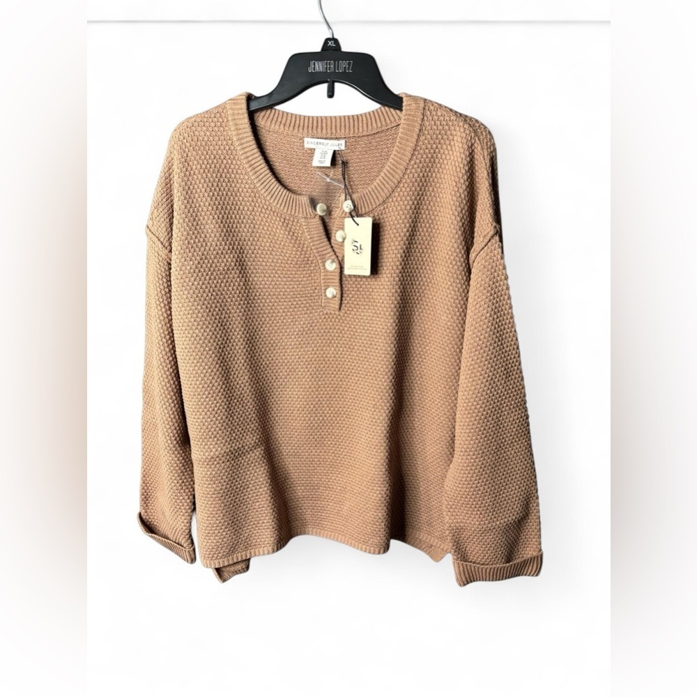 Sincerely Jules Waffle Knit Henley Sweater Beige Cozy Size M NWT